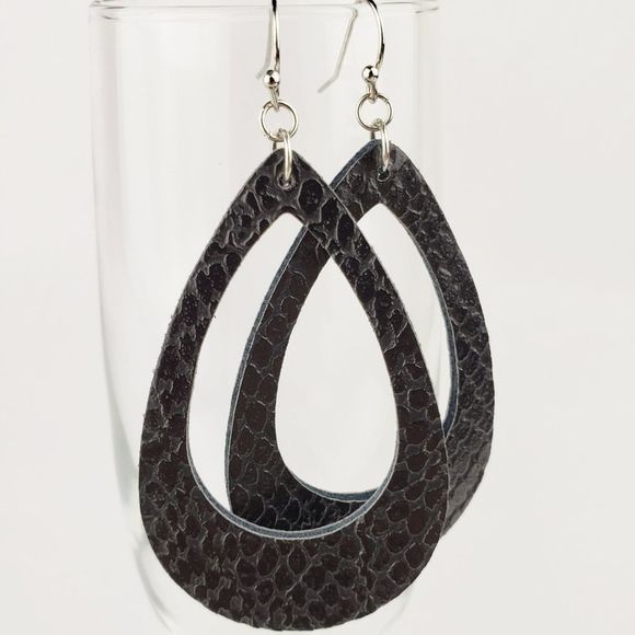Black Textured Teardrop Faux Leather Earrings - Picture 2 of 4